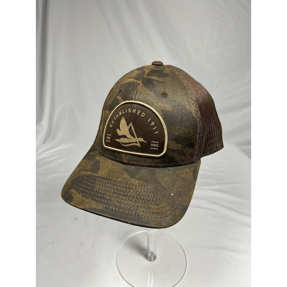 Drake Waterfowl Camo Mesh Snapback Trucker Hat Brown Duck Logo